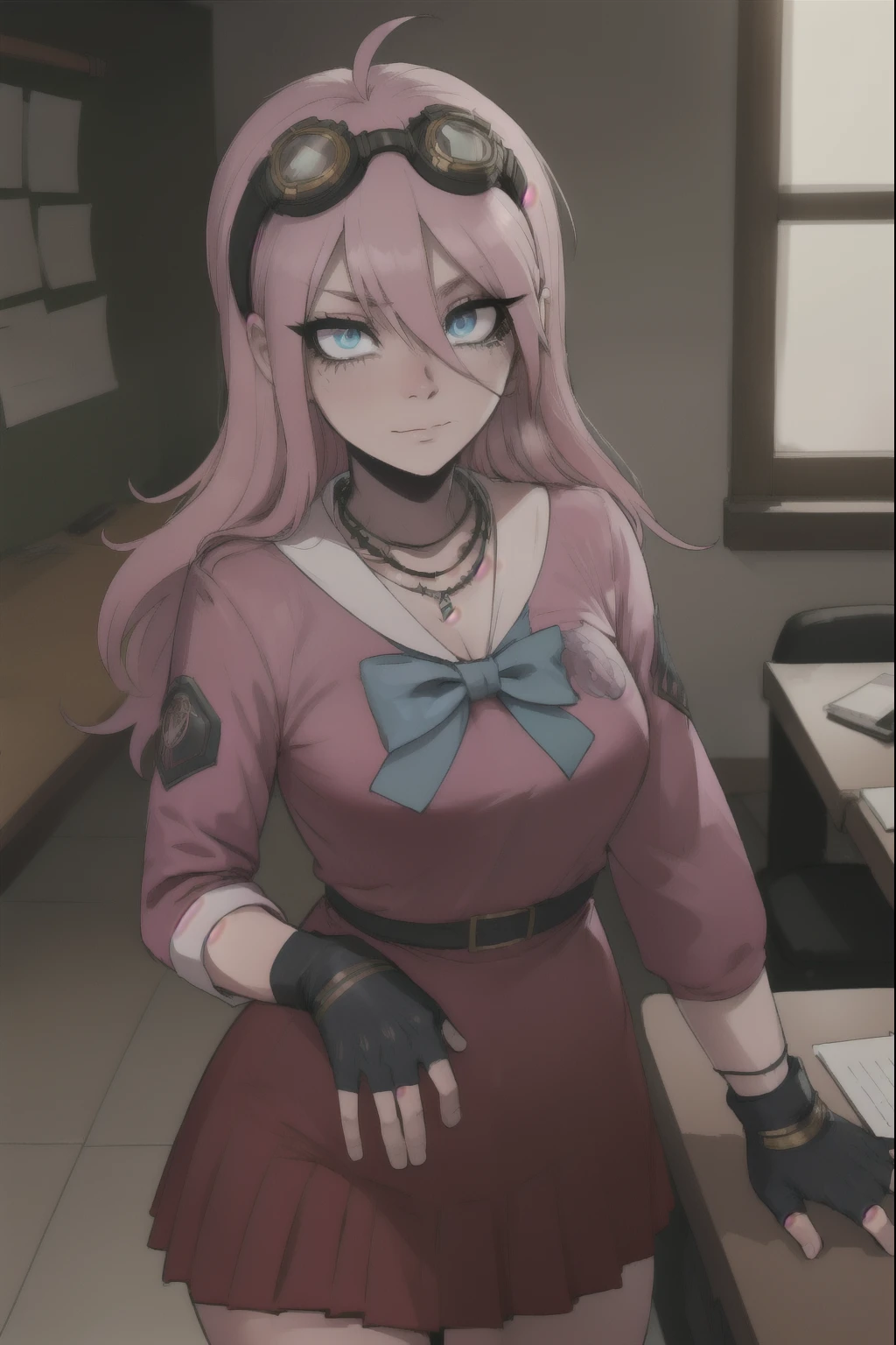 Miuiruma, Miu Iruma, ahoge, Pink hair, Blue eyes, Goggles, Goggles on head, long hair, 
BREAK the bow, necklace, fingerless gloves, gloves, pink shirt, , Seraphuku, shirt, skirt, uniform,
BREAK I look at the viewer,
INDOOR BREAK, in class BREAK (masterpiece:1.2), Best quality, a high resolution, unity 8k wallpaper, (illustration:0.8), (Beautiful detailed eyes:1.6), very detailed face, Ideal lighting, extremely detailed computer graphics, (Perfect hands, Ideal Anatomy),