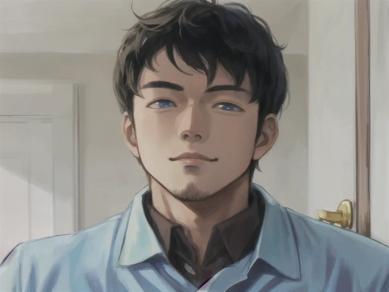 There is a man standing in front of a door, Anime handsome man, Animated portrait of a handsome man, he has a happy expression on his face, Kentaro Miura manga art style, Tall blue eyed anime guy, kentaro miura art style, painted in an anime painter studio, Kentaro Miura manga style, In the style of Makoto Shinkai, made with anime painter studio