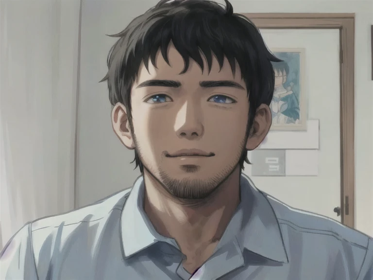 There is a man standing in front of a door, Anime handsome man, Animated portrait of a handsome man, he has a happy expression on his face, Kentaro Miura manga art style, Tall blue eyed anime guy, kentaro miura art style, painted in an anime painter studio, Kentaro Miura manga style, In the style of Makoto Shinkai, made with anime painter studio