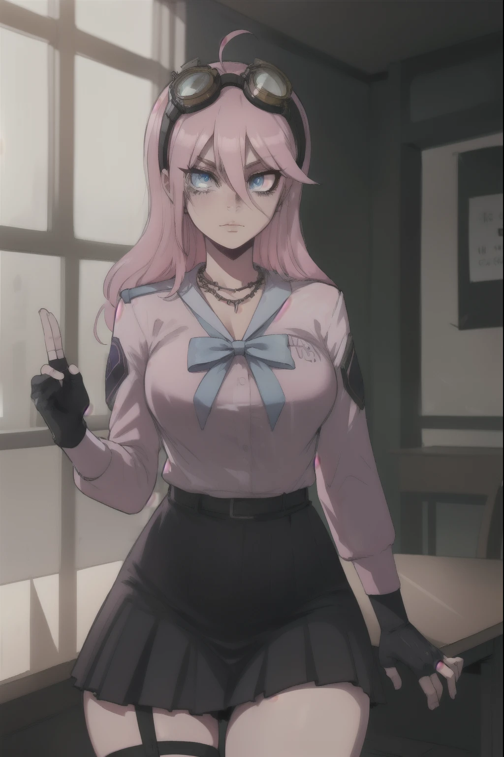 Miuiruma, Miu Iruma, ahoge, Pink hair, Blue eyes, Goggles, Goggles on head, long hair, 
BREAK the bow, necklace, fingerless gloves, gloves, pink shirt, , Seraphuku, shirt, skirt, uniform,
BREAK I look at the viewer,
INDOOR BREAK, in class BREAK (masterpiece:1.2), Best quality, a high resolution, unity 8k wallpaper, (illustration:0.8), (Beautiful detailed eyes:1.6), very detailed face, Ideal lighting, extremely detailed computer graphics, (Perfect hands, Ideal Anatomy),