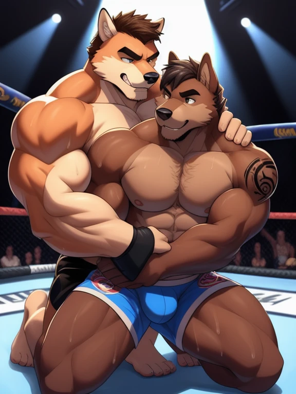 Duo male fighters(Brown Dog vs Brown Dog, handsomes, perfect eyes, Thick eyebrows), beso gay(Cuddling kneeling embraced from behind, in a UFC match), hot(Full body, shirtless), handsomes(They are handsomes, correct anatomy), musculosos(Big muscle bodies, Six packs, muscle abs, big pecs, muscle legs, muscle backs), sweaty(very sweaty wet bodies), tatuajes(they have tattoos), Angry(They have an angry expression), UFC gloves(They both are wearing UFC gloves), Boxers(Wearing Red and Blue boxers), Hight resolution