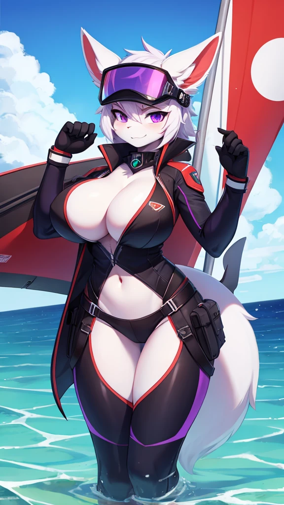 ((best quality, Masterpiece, perfect anatomy, Detailed pictures)), 1 female, arctic protogen, shark girl, Long visor, purple visor, purple eyes, sexy body, Big Pong, big breasts, Future military clothing, fluffy tail, red red, shy, in the sea, front view