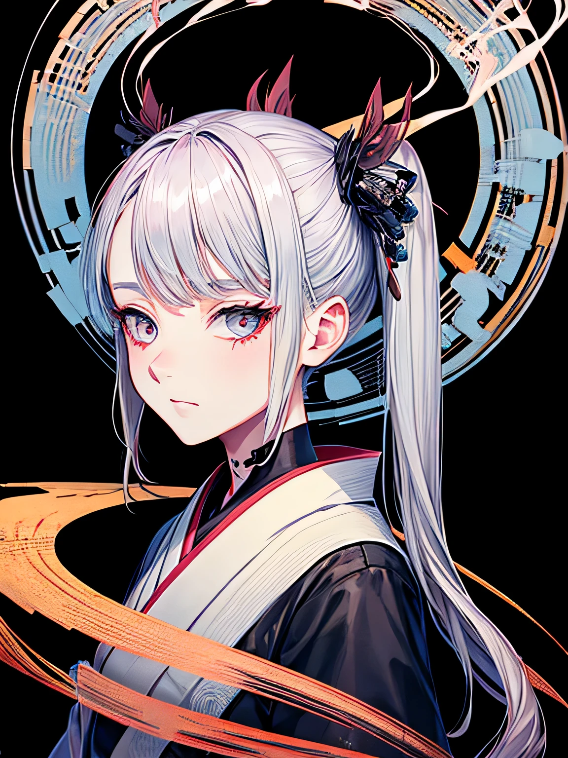 cigarette,Pipe,Gray Hair,10th Generation,neutral,kimono,Black background,An illustration,Fantasy,1 person,Twin tails