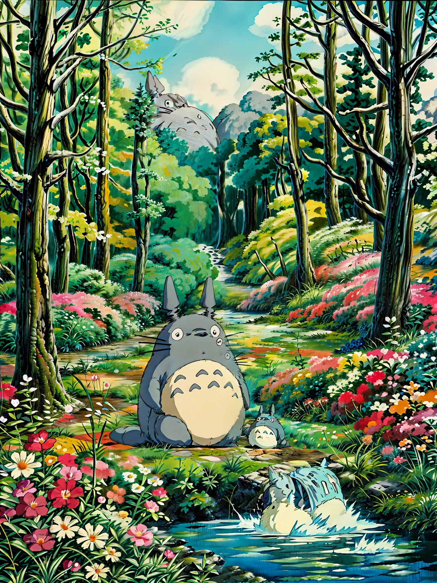 a painting of a totoro sitting near the river, flowers, multicolored flowers, my neighbor totoro, totoro from my neighbor totoro, hayao miyazaki\'s movies, onstudio ghibli, ghibli studio style, of totoro, style of studio ghibli, moody :: studio ghibli, totoro sitting in a forest, studio ghibli filter, totoro, cinematic studio ghibli still