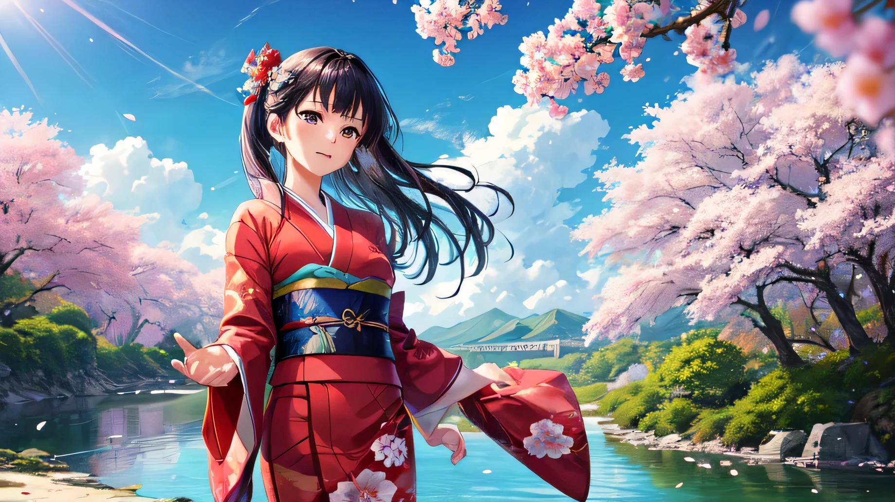 A beautiful woman in a Japanese kimono is looking at the scenery by the river。The wind is blowing and the petals are dancing。
for anime