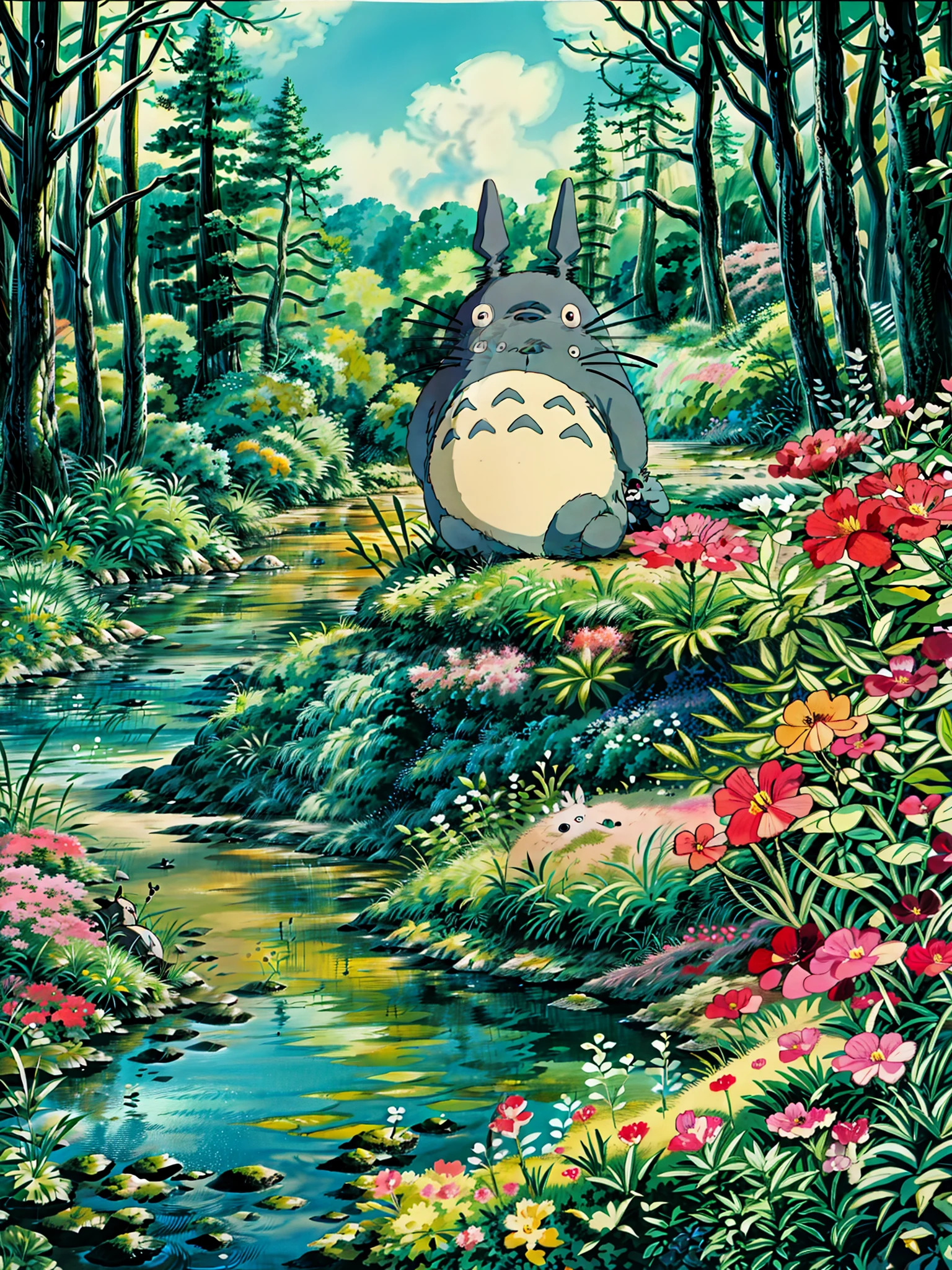 a painting of a totoro sitting near the river, flowers, multicolored flowers, my neighbor totoro, totoro from my neighbor totoro, hayao miyazaki\'s movies, onstudio ghibli, ghibli studio style, of totoro, style of studio ghibli, moody :: studio ghibli, totoro sitting in a forest, studio ghibli filter, totoro, cinematic studio ghibli still