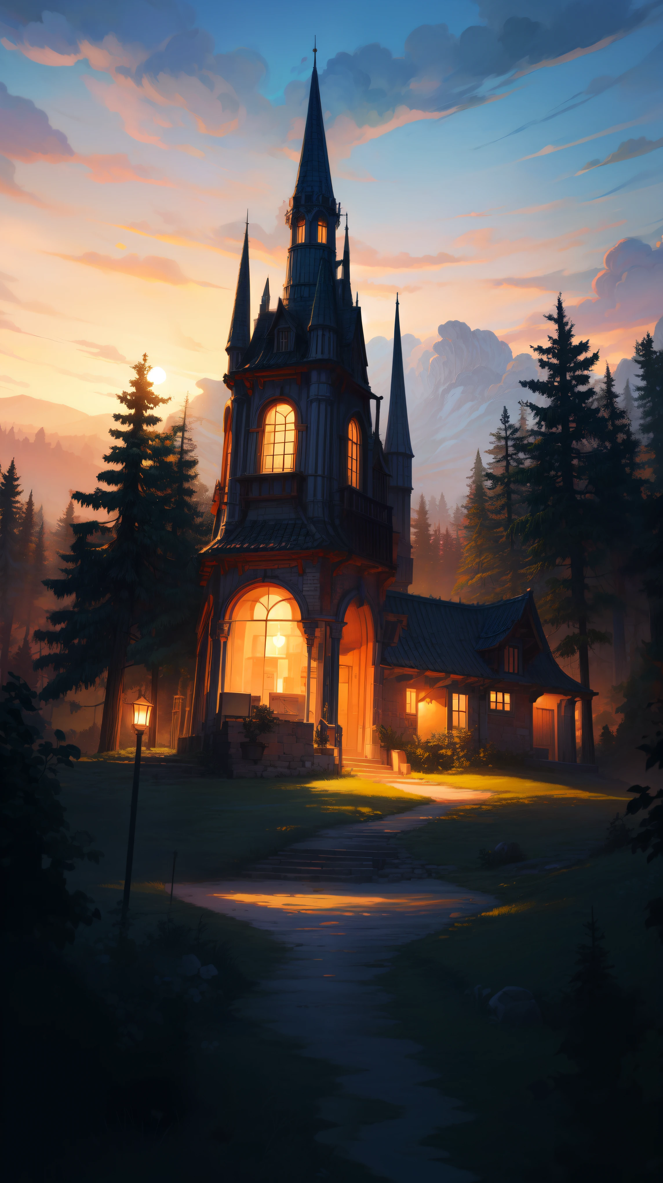 A scenery from another dimension, mystical, evening time, dim light, futuristic, thick lines, cozy tones, unique trees, mystical world, dramatic sky, magical, shade, shadow, ghibli style, outdoors, cozy atmosphere, micro landscape, intrinsic details