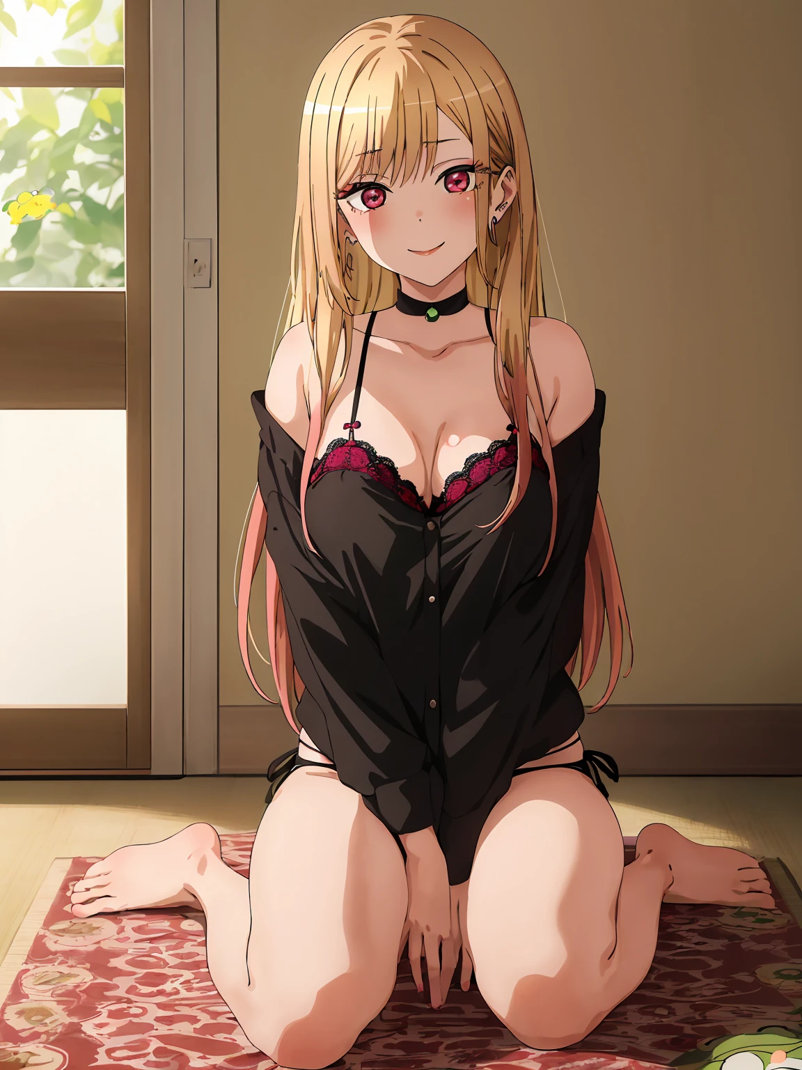 masterpiece, highest quality, High resolution, kitagawa marin sb, 1 girl, blonde, Long Hair, Colorful Hair, Red eyes, jewelry, Earrings, Earrings, bra, lace black panties, Sexy pose, bewitching pose, (frog-sit on the floor:1.2), Impish Smile , Her Room