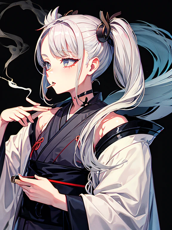cigarette,Pipe,Gray Hair,,neutral,kimono,Black background,An illustration,Fantasy,1 person,Twin tails