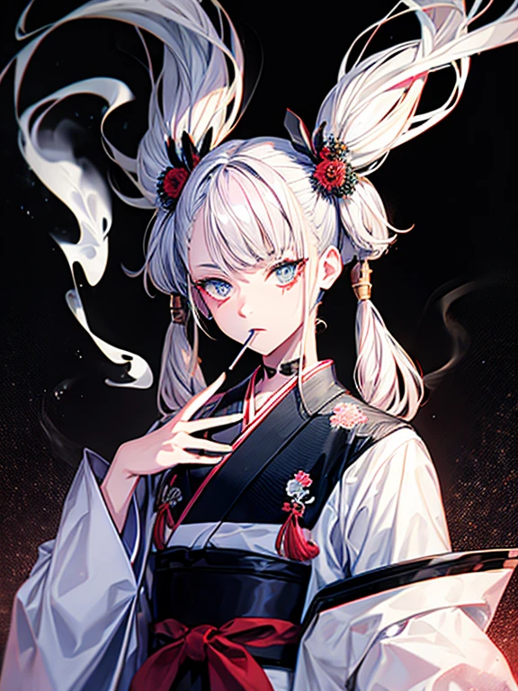 cigarette,Pipe,Gray Hair,Teen,neutral,kimono,Black background,An illustration,Fantasy,1 person,Twin tails