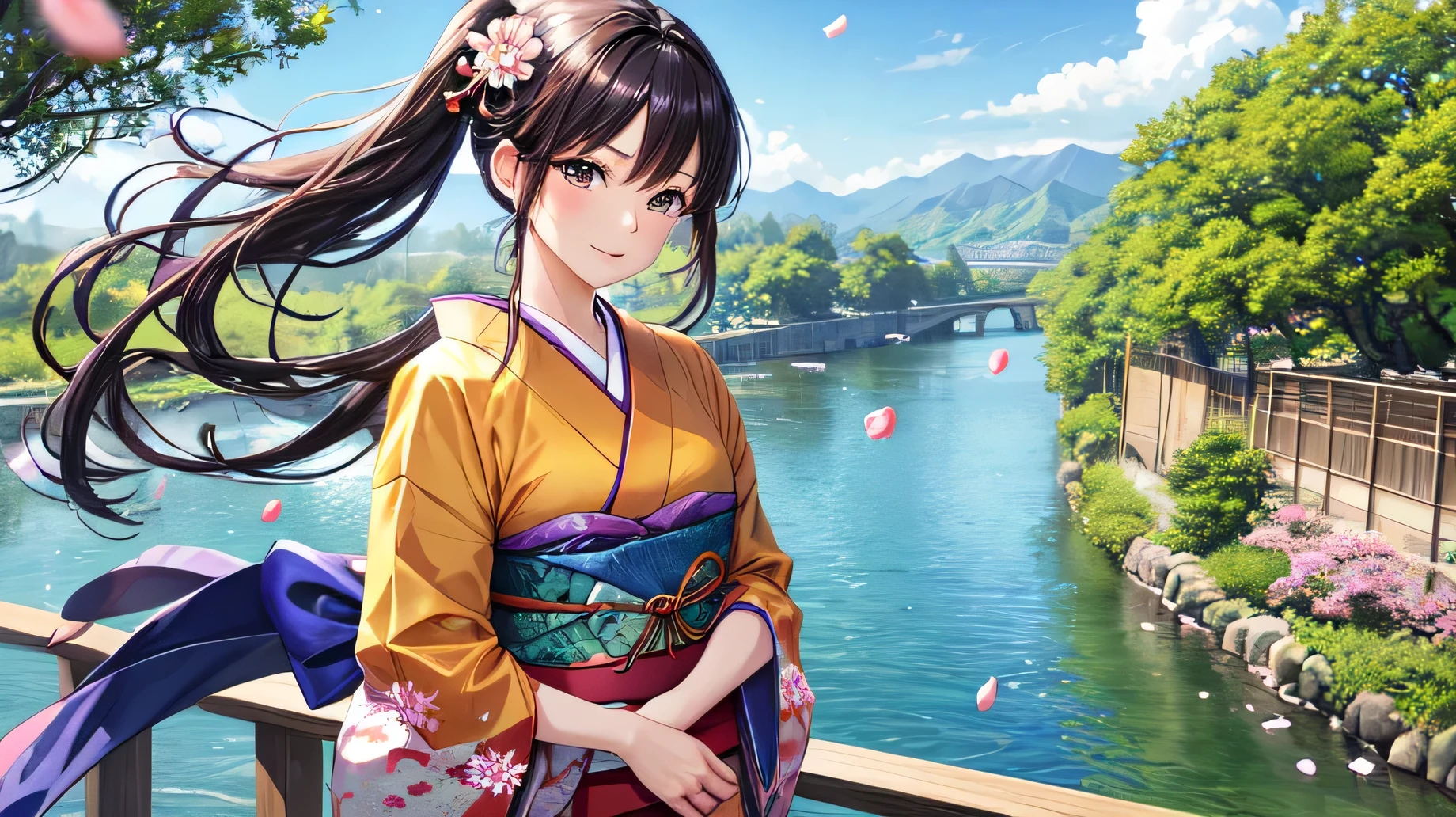 A beautiful woman in a Japanese kimono is looking at the scenery by the river。The wind is blowing and the petals are dancing。
for anime