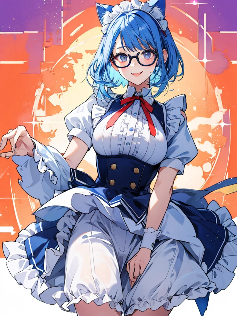 high school student　Blue Hair　Cat ear　Round-rimmed glasses　glasses girls　cute　beautiful girl　もう少し薄いBlue Hair　Gradation　Big Eyes　Well-formed face　One girl　Beautiful face　well-formed body shape　Beautiful breasts　Just the right size breasts　cool　cute　Adorable　Childish　vivid background　Pop Background　Warm background　Orange Background　Beautiful background　smile　blush　healthy　Sexy lips　Looking up　Watery eyes　A seductive gaze, purple mesh in the hair　The outfit is a maid outfit　　The maid outfit has a frilly ribbon and is red.　Middle Short　Straight Hair　cute髪留め　　Yurucamp style　