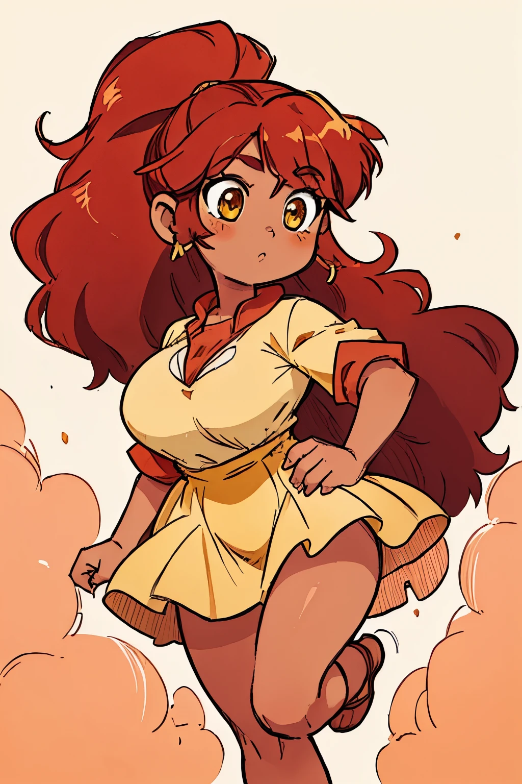 ((masterpiece,best quality)), Brown skin, yellow eyes, long red hair, big breasts, big hips, hair between eyes, hair flares out, 1girl, solo, brown-skinned female, red-haired female, front view, plump thighs, ponytail, dress, art style