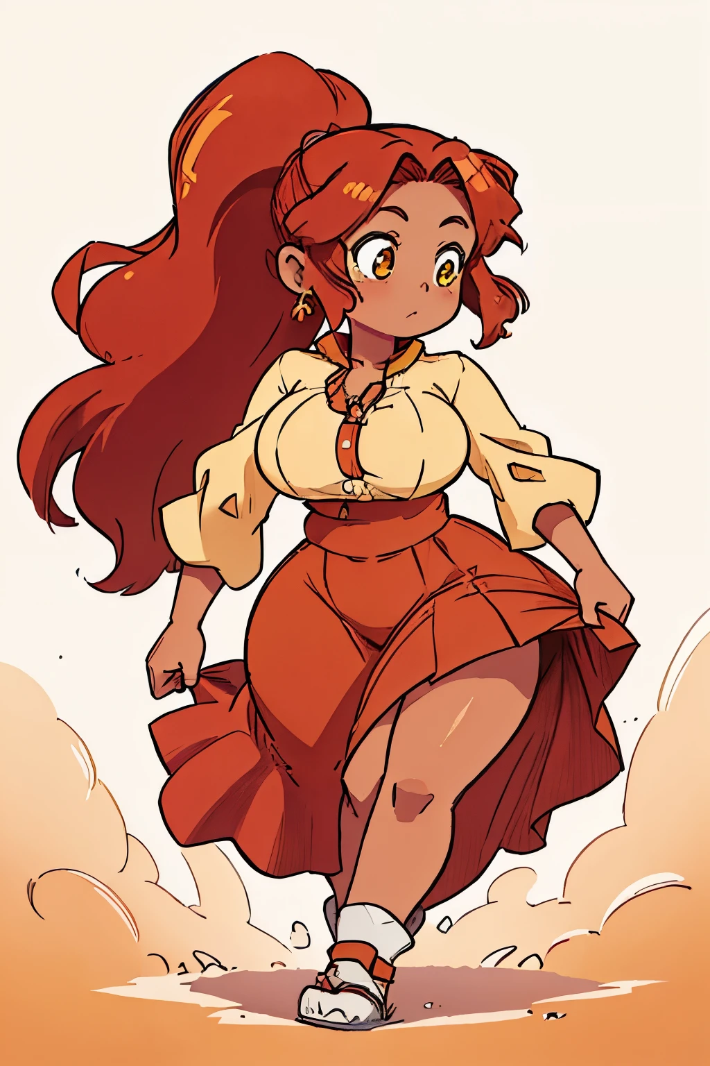 ((masterpiece,best quality)), Brown skin, yellow eyes, long red hair, big breasts, big hips, hair between eyes, hair flares out, 1girl, solo, brown-skinned female, red-haired female, front view, plump thighs, ponytail, dress, art style