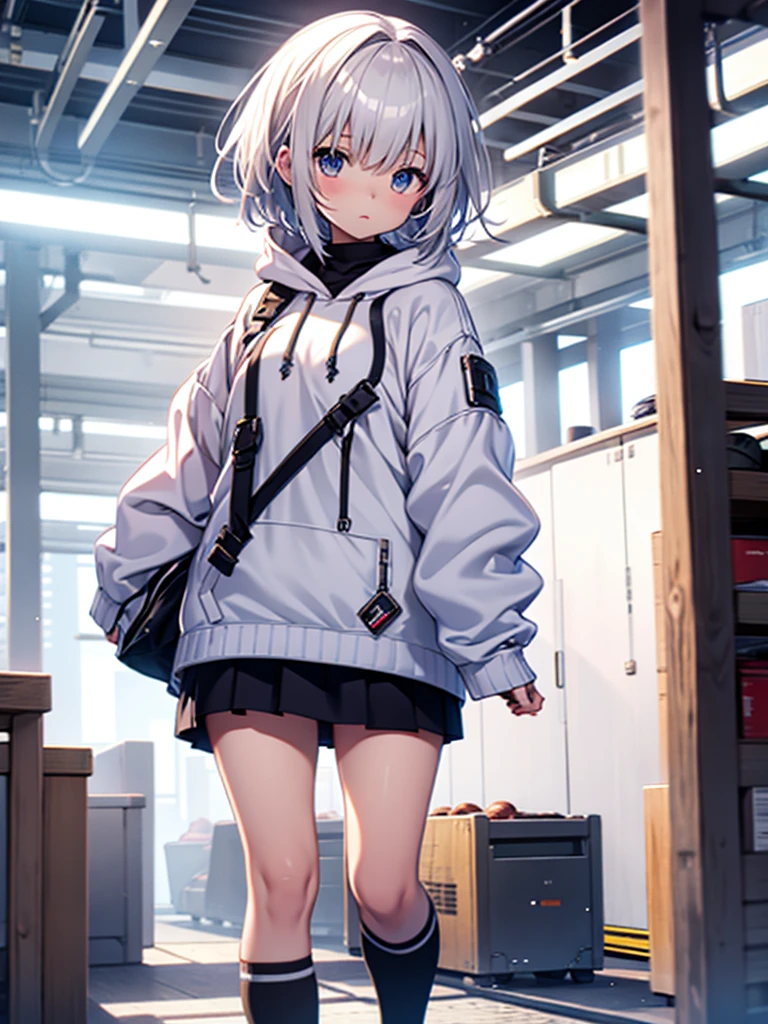 1girl、A simple long hoodie、Rib knit cuffs and hem、vtuber-fullbody、Milky white short hair、
