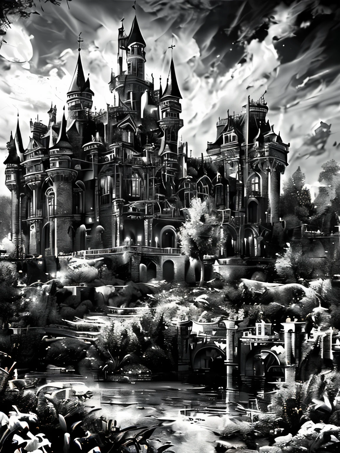 ((((masterpiece, best quality, ultra detail, very_high_resolution, large_filesize, full color)))), cruel, dark, Humidity, 薄dark, Big castle, Big mansion, Final Boss, Dark fantasy, ephemeral, moment, ruins, (((Monochrome:1.5))), Old castle