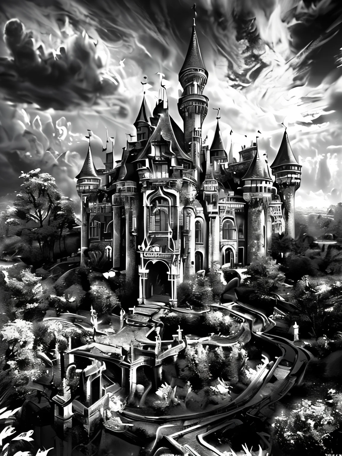 ((((masterpiece, best quality, ultra detail, very_high_resolution, large_filesize, full color)))), cruel, dark, Humidity, 薄dark, Big castle, Big mansion, Final Boss, Dark fantasy, ephemeral, moment, ruins, (((Monochrome:1.5))), Old castle