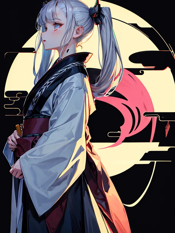 cigarette,Pipe,Gray Hair,,neutral,kimono,Black background,An illustration,Fantasy,1 person,Twin tails