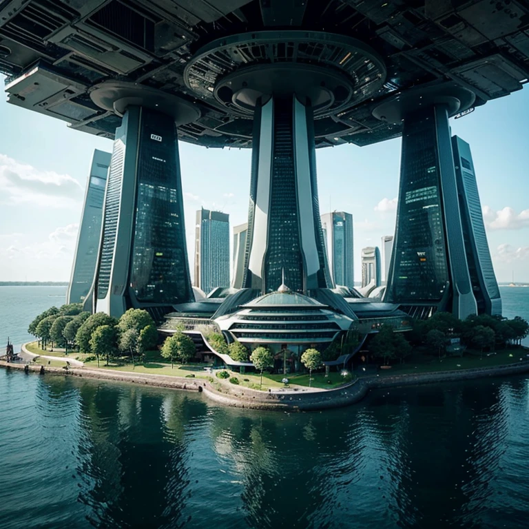 Create a futuristic city in the forest by the sea 