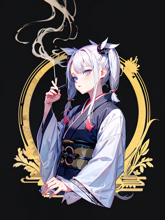 cigarette,Pipe,Gray Hair,Teen,neutral,kimono,Black background,An illustration,Fantasy,1 person,Twin tails