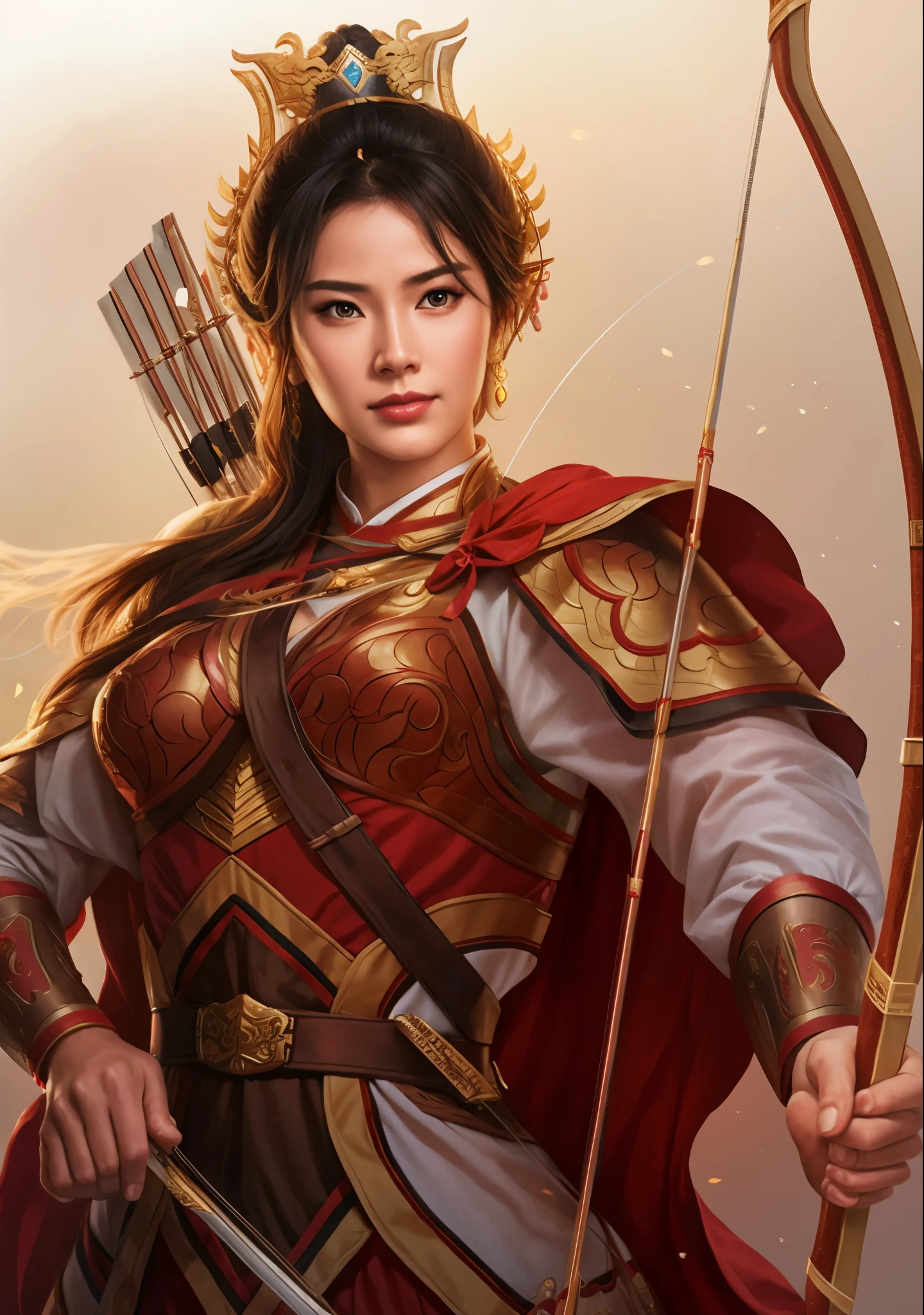 Aravud image of a woman holding a bow and arrow, Inspired by Ju Lian, Portrait of a modern Darna, female archer, Inspired by Du Qiong, author:Yang Jie, Inspired by Lan Ying, g liulian art style, portrait of female paladin, Artgerm and Nguyen Chia, A beautiful female warrior, author:Fan Qi, bian lian