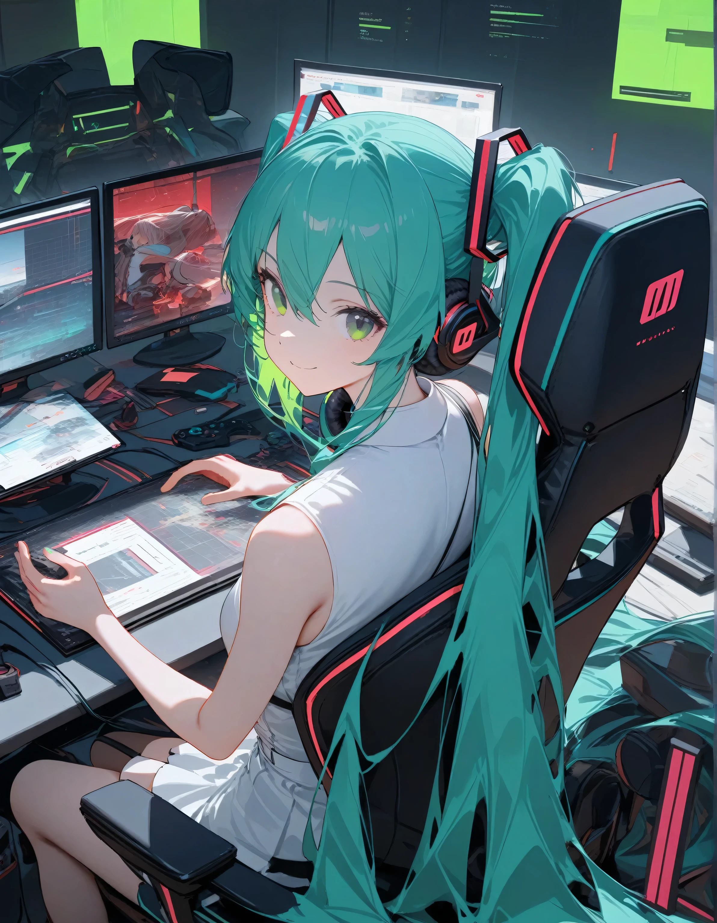 ((best quality)), ((masterpiece)), beautilful face,((perfect anatomy)),((perefect hands)),(Hatsune Miku),red glasses,modern office,stock chart on screen,sitting, gaming chair,looking back, looking at viewer, smiling, sleeveless, white clothes, headphones with green lighting, secretary girl