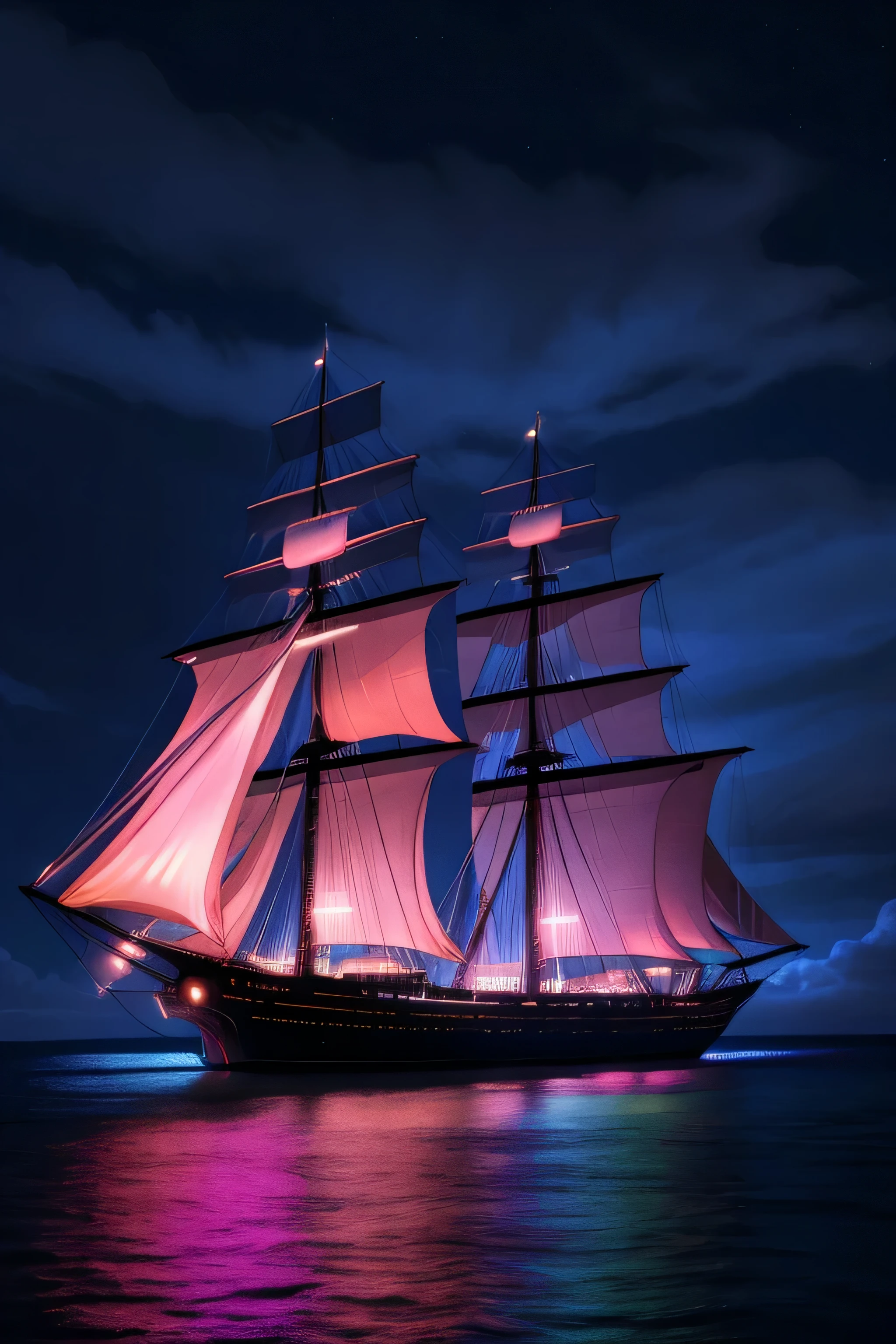 Neon Light Art, in the darkness of the night, a tall ship sails across , cloud, performer, colorful, detailed, 4K、The ship is far from the coast.　It looks small、