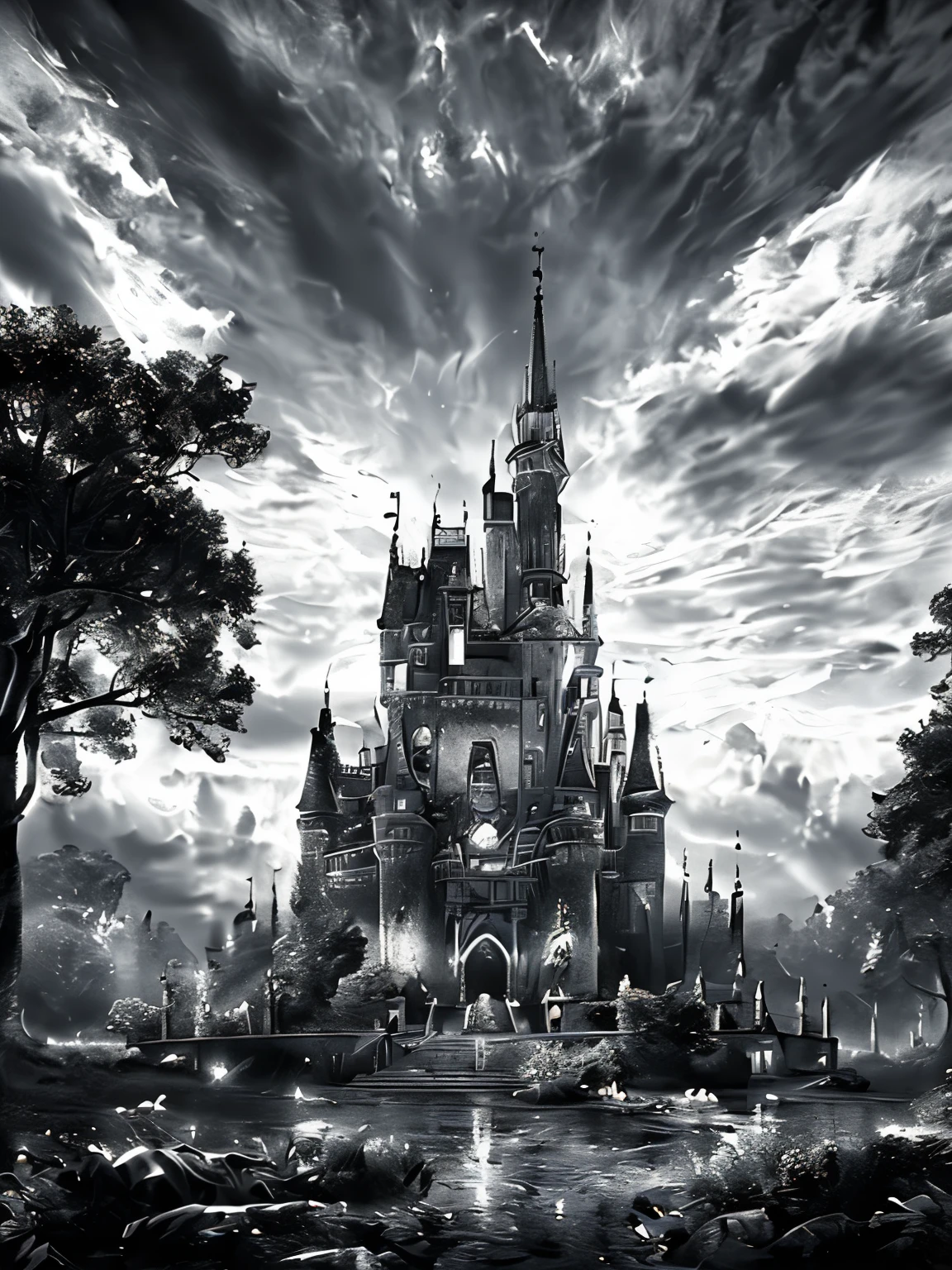 ((((masterpiece, best quality, ultra detail, very_high_resolution, large_filesize, full color)))), cruel, dark, Humidity, 薄dark, Big castle, Big mansion, Final Boss, Dark fantasy, ephemeral, moment, ruins, (((Monochrome:1.2))), Old castle