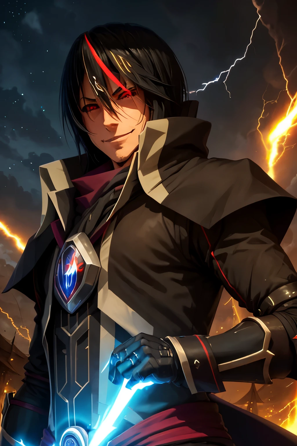 (best quality,highres:1.2), detailed fantasy art,serious expression,robot-like eyes,long black hair,evil smile, fighting stance, diablo de tensei shitara slime datta ken, serious expression, el cabello es negro, los ojos son de robot, detailed fantasy art, postura de lucha, su sonrisa es malvada, cuerpo completo, fuego alrededor, It&#39;s night and there is lightning in the sky, Diablo tiene un aura de dios