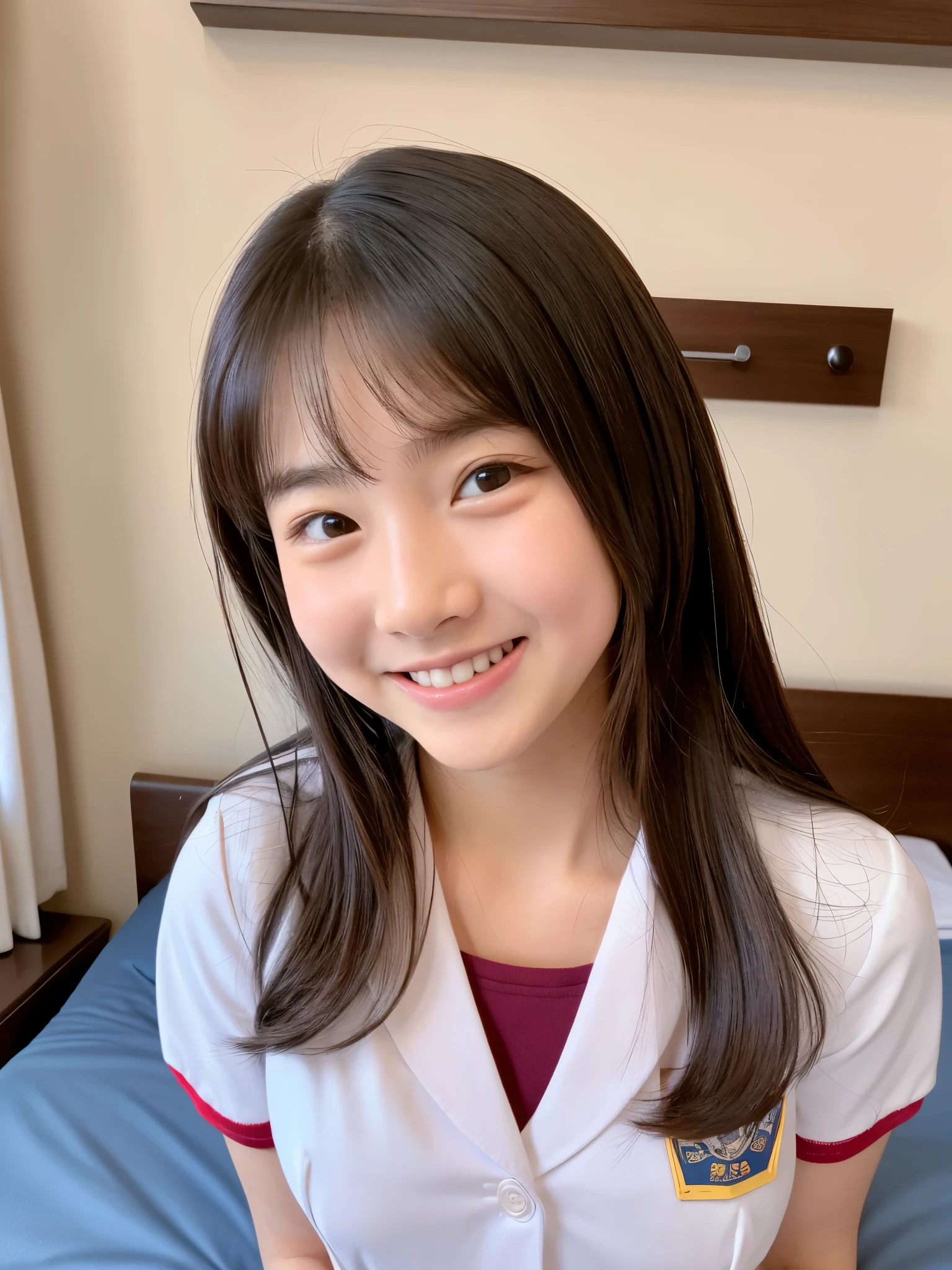 16歳アイドルのようにvery cute、Cute and adorable、Young faceに見える20歳の少女, Young face、very cute、Smiling Kindly、Wearing pajamas、The front of the pajamas is open, exposing your underwear、、Resting on the hotel's spacious terrace、whole body像、whole body、 Natural light、Accurate、Anatomically correct、Textured skin、Super Detail、 Attention to detail、highest quality、High resolution、Real、realism、Raw photo、Genuine、masterpiece