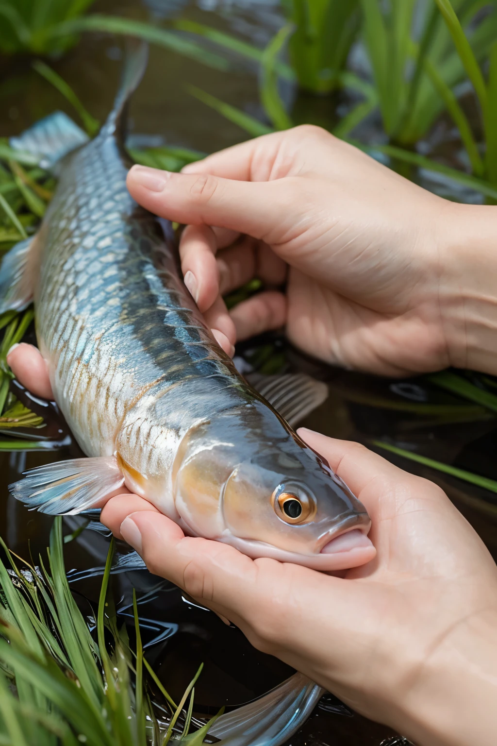 Hand holding grass carp，close up，，HD，reality，Realism