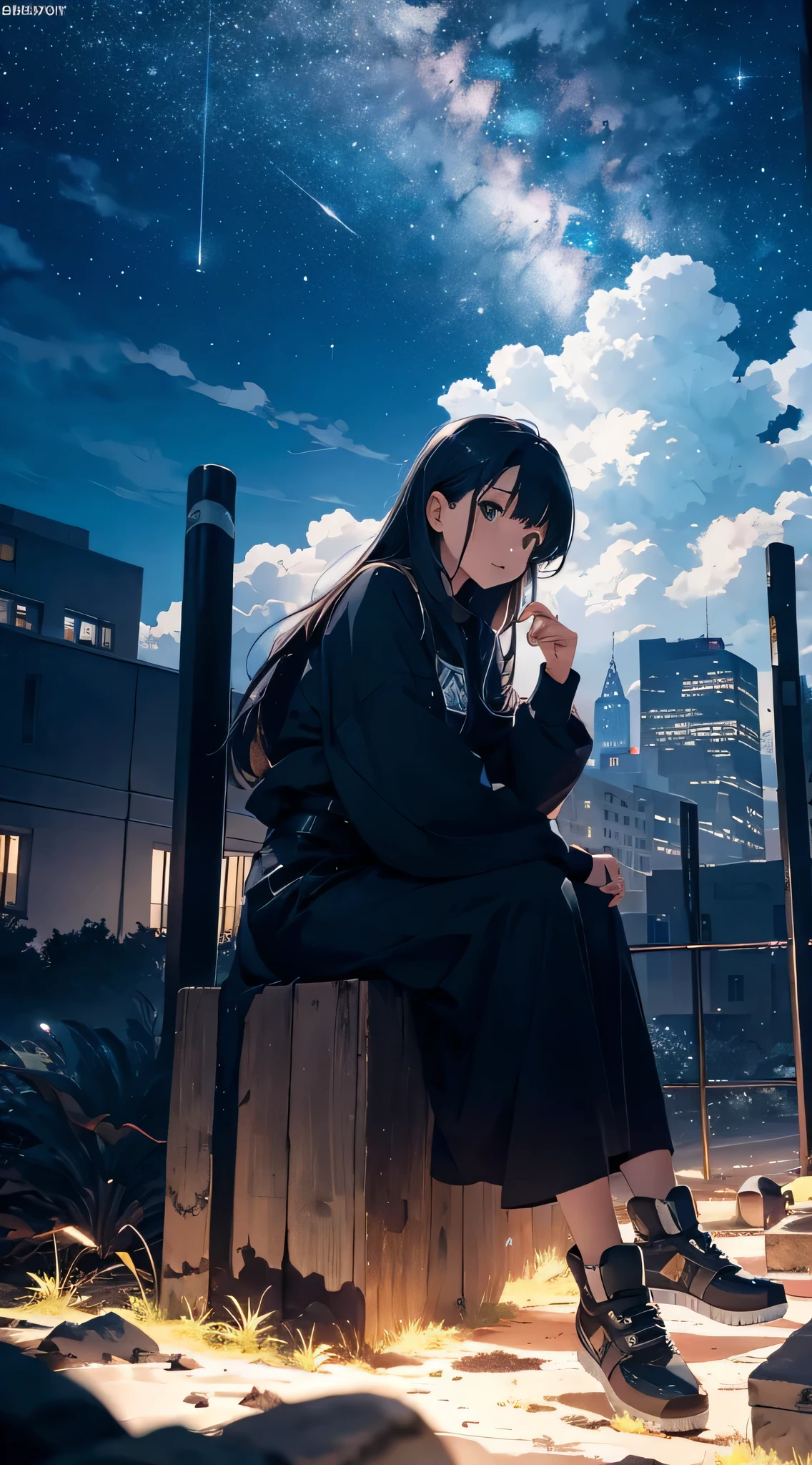 octane, Sky, Star (Sky), landscape, Starry sky, night, 1 Girl, Night Sky, Solitary, outdoor, architecture, cloud, Milky Way, sitting, Tree, Long hair, City, Cityscape, best quality, 8K