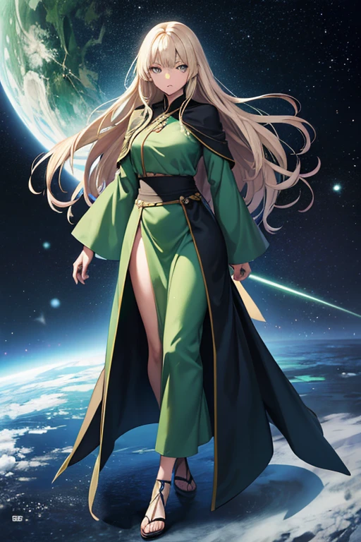Anime Art、Space SF General、Defensive Wizard、Full body portrait、A woman standing upright, about 175cm tall, around 41 years old, wearing a dark green robe and surrounded by an aura、Long platinum blonde hair、Dark green eyes、An expression of looking down on someone