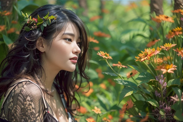 (best quality,realistic:1.37),oil painting,detailed facial features,delicate brushstrokes,soft lighting,vibrant colors,surreal elements,enchanted forest,vintage style,flowing hair