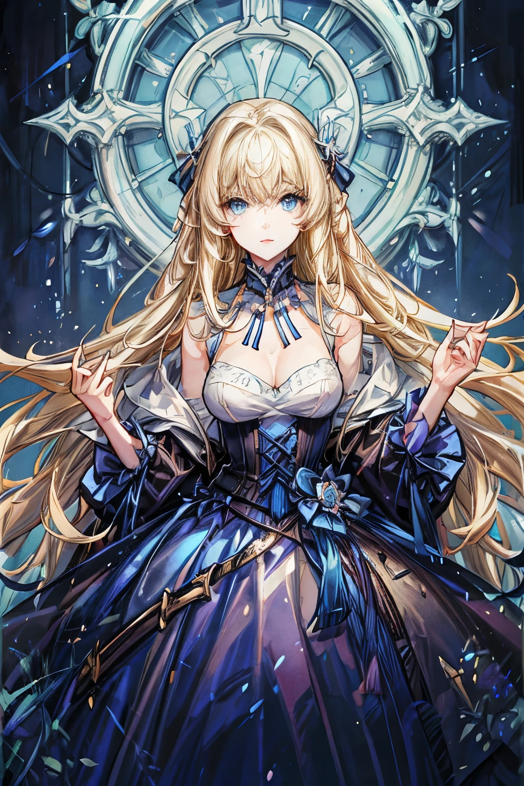 Female character , mature woman , moonlight ice blonde long hair coming down to waist, matching blue eyes , red lips , chest to waist proportion is very good . Give her a formal dress code like Royal dress,