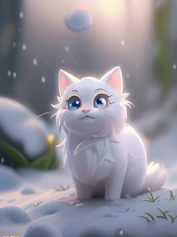 a cute little cat+Snow-white furry,Big bright eyes,A sweet smile,Movie Lighting, ultra clear details, Ultra-transparent material, Close-up of, complex texture, rendering by octane, zbrush, 8K,