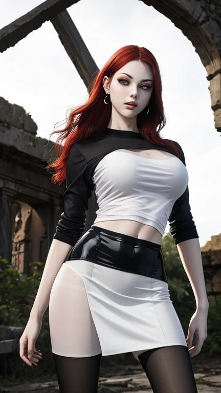 Ultra realistic, 16k, best quality, high resolution, erotic, hot atmosphere, 1 girl, 18 years old, long red hair, sexy eyes look, pale white skin, sweaty skin, earrings, transparent shirt, sexy black latex skirt, big natural breasts, hot big tits, slender tall hot body, seductive, sensual posture, full-length sexy pantyhose, Battle ruins, wide hips, thick legs, torn clothes, blurred background, depth, dream aesthetic, dream atmosphere, cinematic lighting.