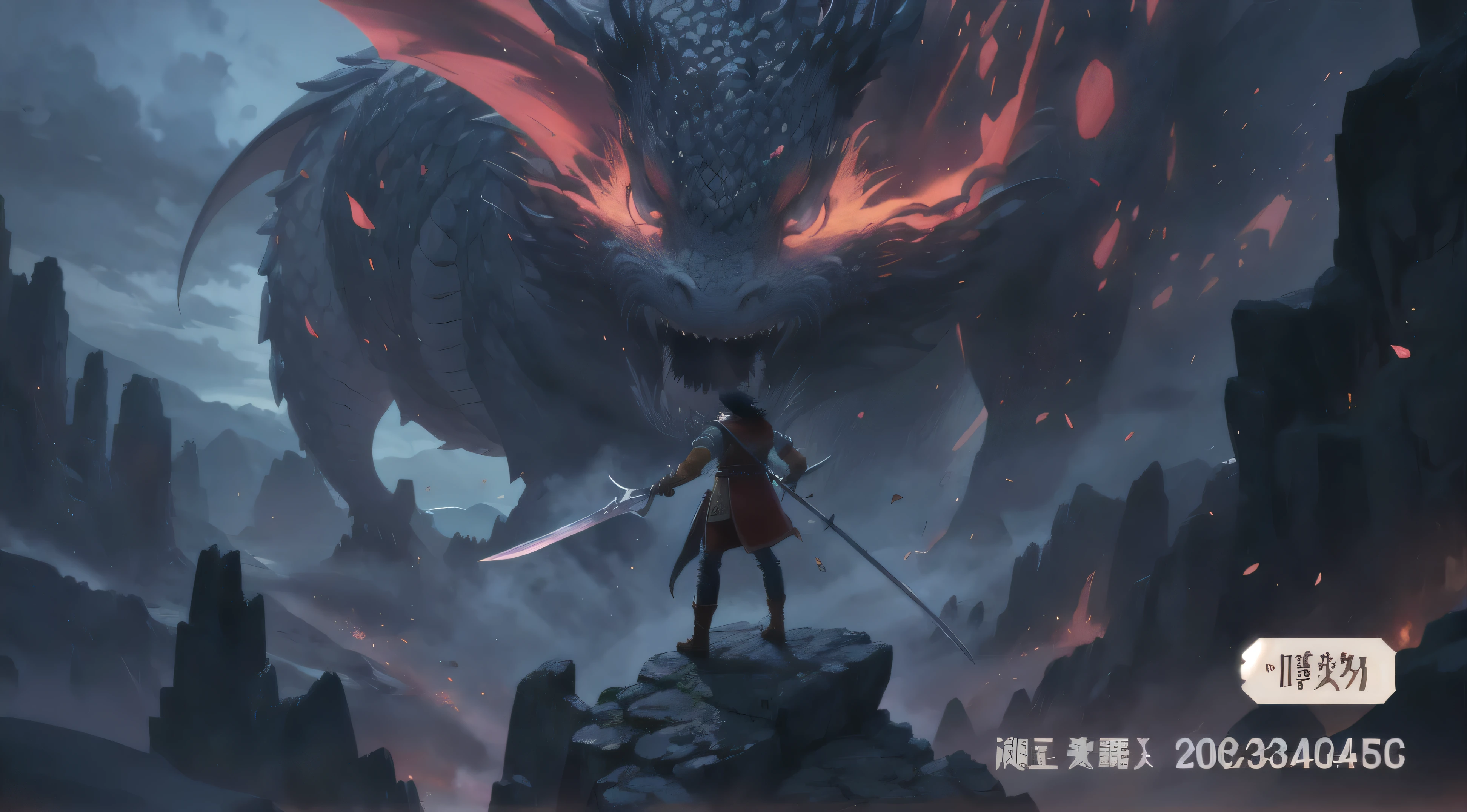 Aravud image of a man standing on a rock with a sword, author：Yang Jie, Dragon in the background, author：Ju Chao, author Victor Wang, Popular on cgstation, CGsociety and Fenghua Zhong, author：Yang Jiein, Huang Shen, 2. 5d cgi anime fantasy artwork, There is a huge dragon in the background, Epic fantasy digital art style