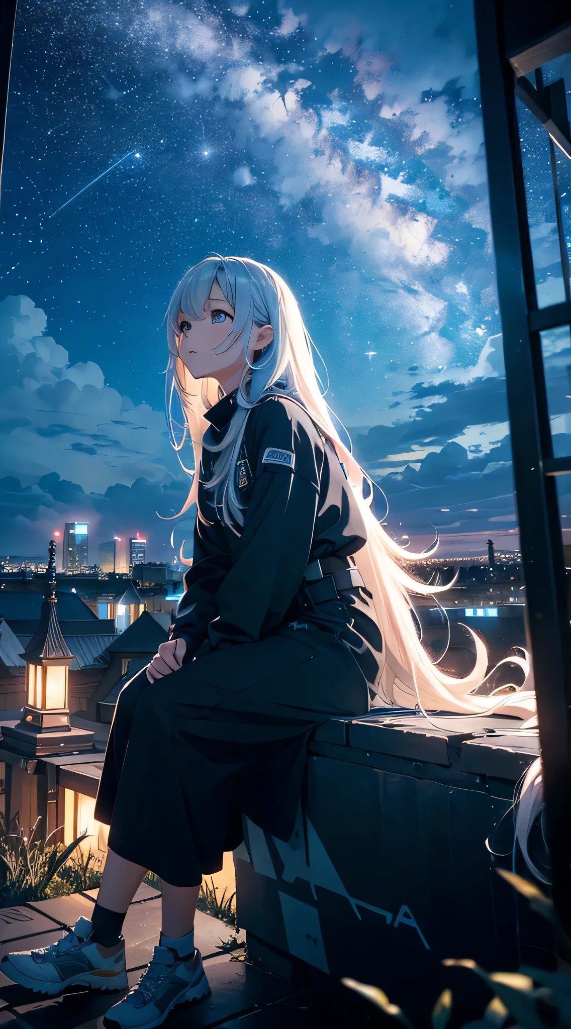 octans, sky, star (sky), scenery, starry sky, night, 1girl, night sky, solo, outdoors, building, cloud, milky way, sitting, tree, long hair, city, cityscape, best quality, 8K