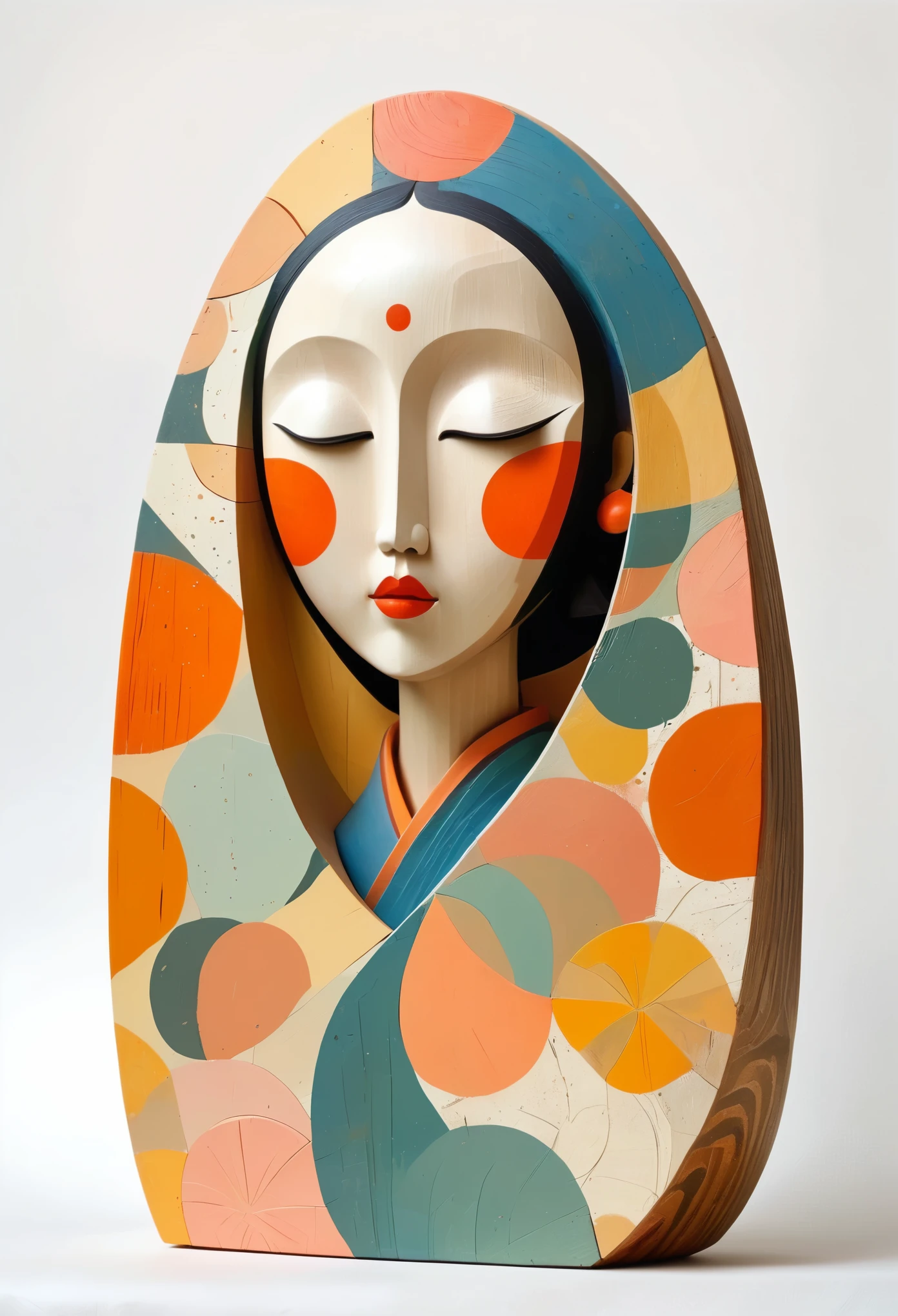 Colorful sculptures of Asian women painted in earthy tones, Rough texture，Stale，Wearing a floral dress, White background, John Klassen&#39;s Style. EArrangei and Morandi colors, organic shapes, Geometric patterns, The style of Shu Uemura. Paint drops on Matisse style wooden figures. cubism style, Art Deco, pop surrealist characters, folk inspired illustrations, pastel color palette, bright White background, No shadow.