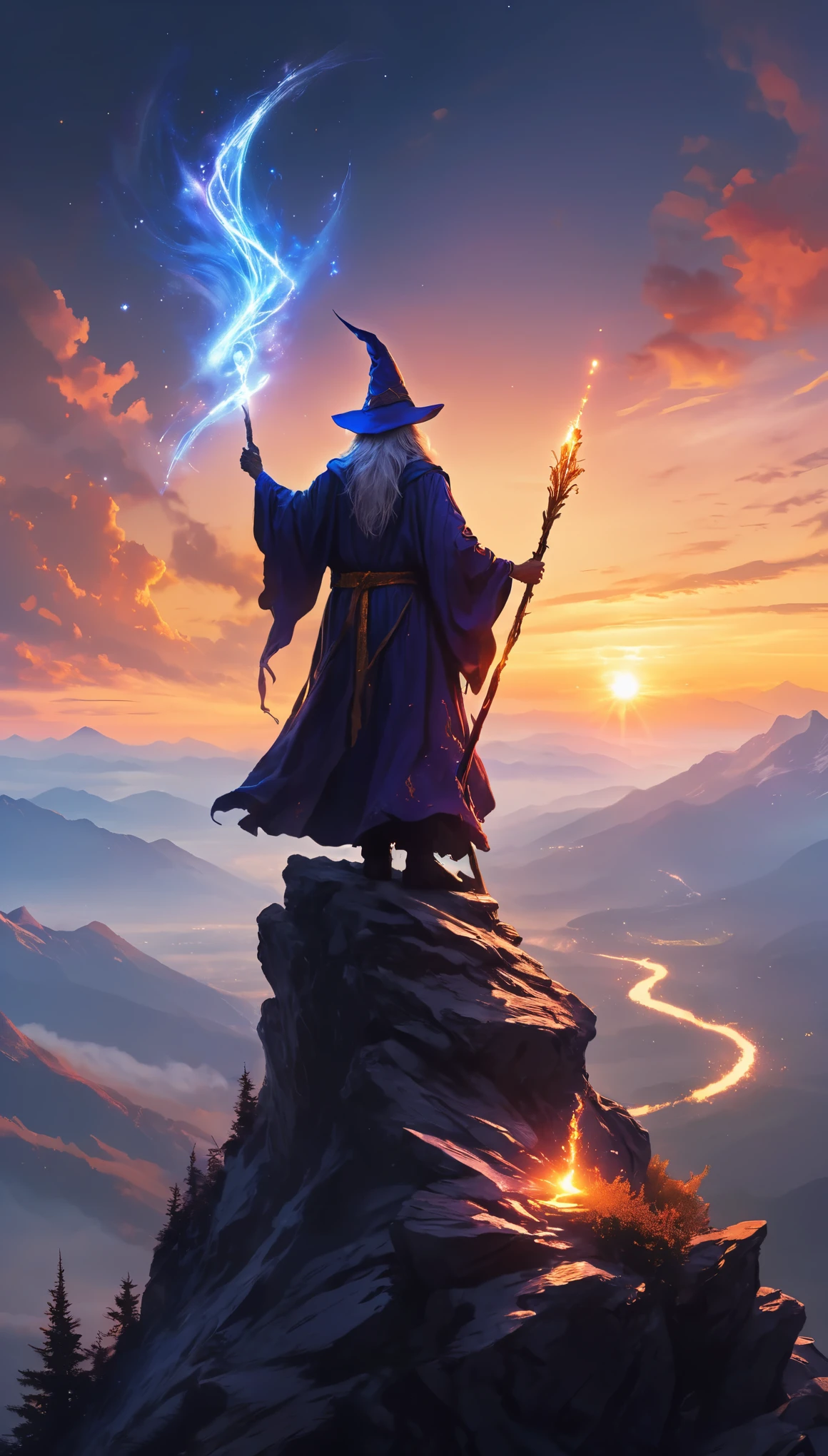 Awesome artwork of a wizard on the top of a mountain, magic text, at dawn, sunrise.