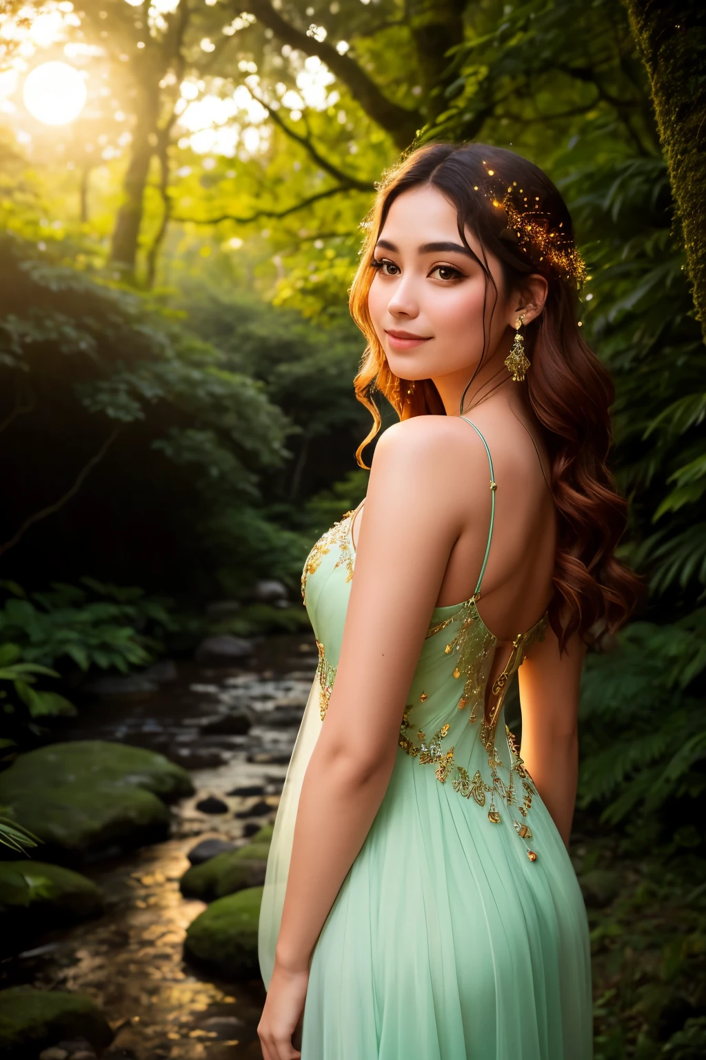 In a tranquil glade, where the boundary between nature and sorcery blurred, stood a graceful girl of extraordinaryloveliness, bedecked in a gown that dazzled with the hues of a setting sun. Her tresses of chestnut hue cascaded down her back, dancing with the soft light of two moons overhead - crimson and sapphire. The woodland surrounding her thrummed with the gentle glow of myriad fireflies, weaving an enchanting ambiance infused with puremagic. Her gaze, directed unwaveringly at the camera lens, radiated a gentle smile, her eyes rendered with scintillatingaccuracy and met