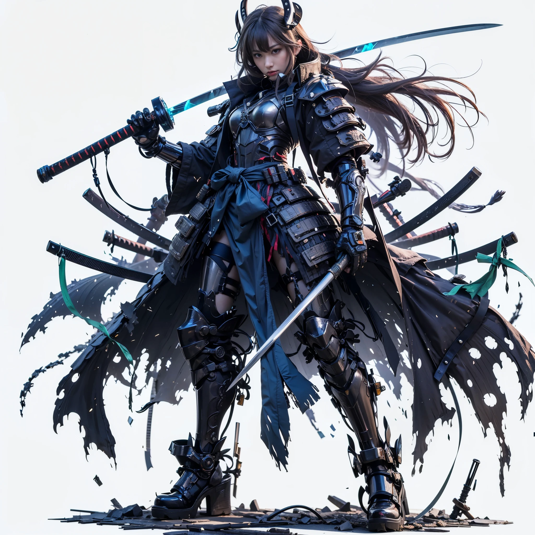 (best quality,highres,masterpiece:1.2),mechanical,hydraulic cylinders,samurai armor,Japanese sword,beautiful girl,twin tails,silver hair,realistic,photorealistic:1.37,photo shoot,ultra-detailed,hyper-realistic textures,full body,battlefield