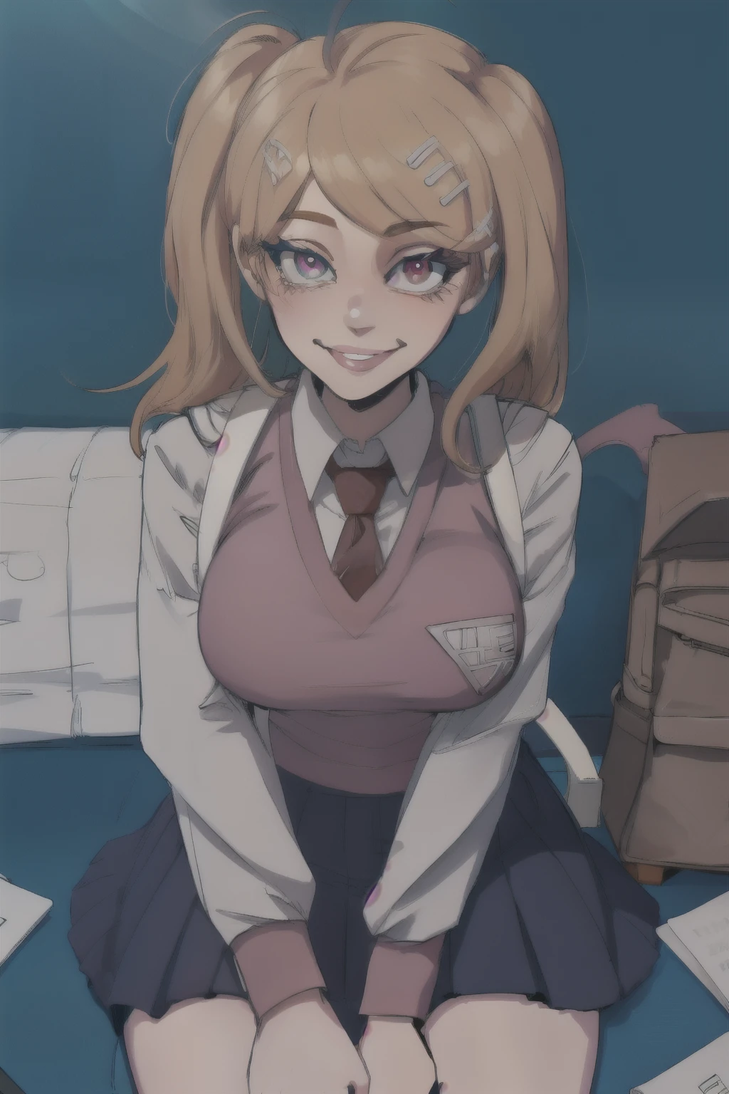 masterpiece, Best quality, KaedeDG, 1 girl, tie, sweater vest, breast, I look at the viewer, shirt, long sleeves, One, backpack, Shining eighth notes, white shirt, collared shirt, medium breast, , smile, One, Close-up,