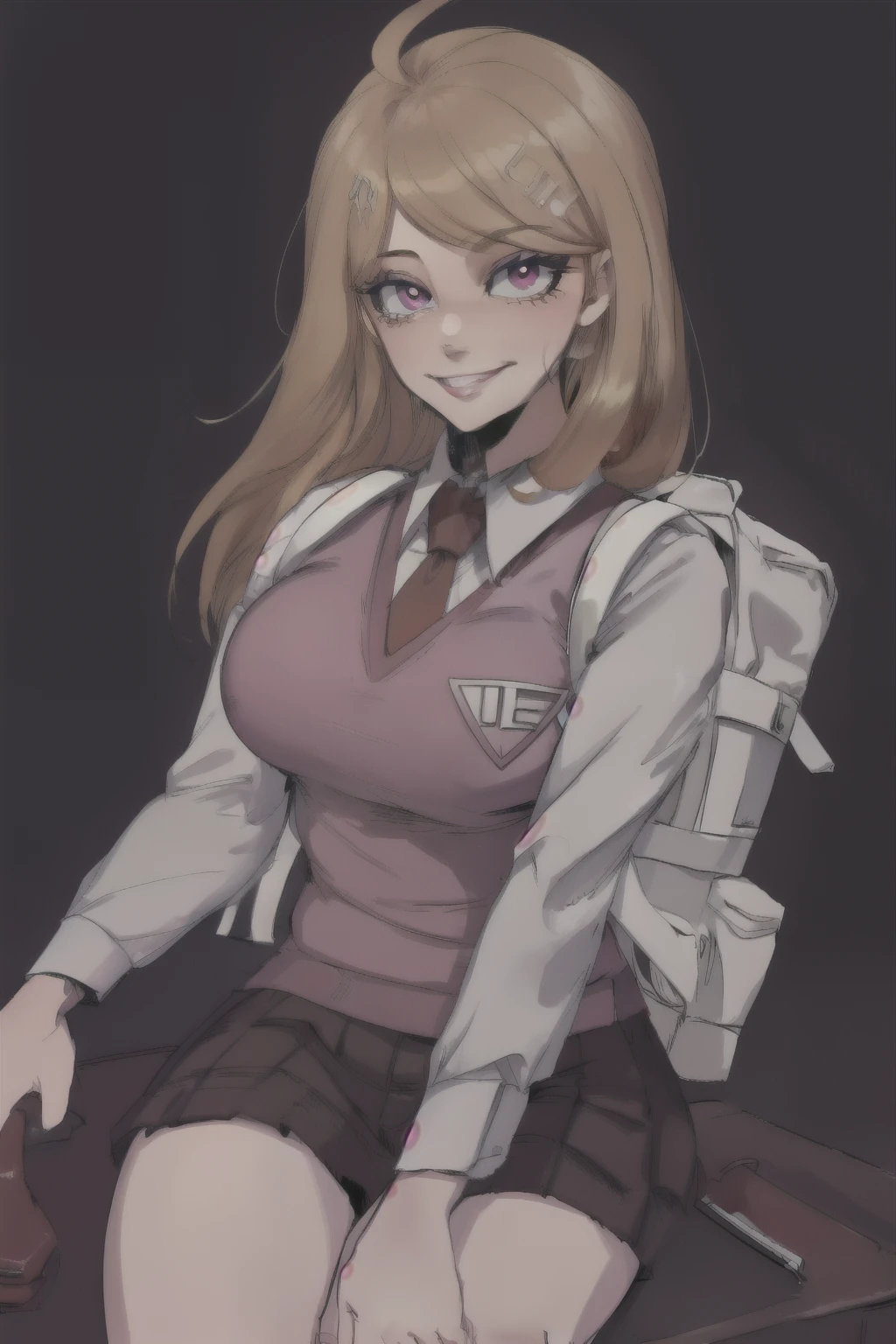 masterpiece, Best quality, KaedeDG, 1 girl, tie, sweater vest, breast, I look at the viewer, shirt, long sleeves, One, backpack, Shining eighth notes, white shirt, collared shirt, medium breast, , smile, One, Close-up,