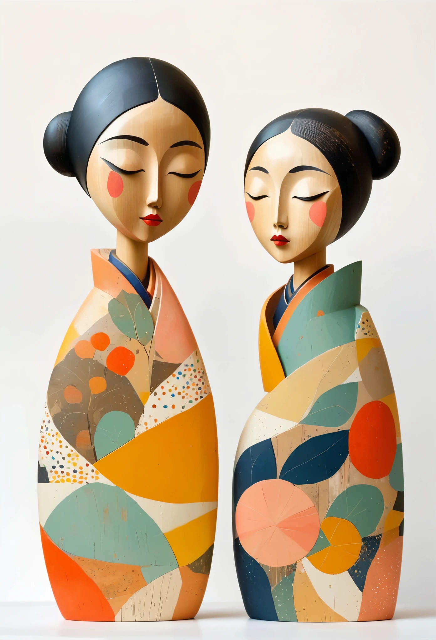 Colorful sculptures of Asian women painted in earthy tones, Rough texture，Stale，Wearing a floral dress, White background, John Klassen&#39;s Style. EArrangei and Morandi colors, organic shapes, Geometric patterns, The style of Shu Uemura. Paint drops on Matisse style wooden figures. cubism style, Art Deco, pop surrealist characters, folk inspired illustrations, pastel color palette, bright White background, No shadow.