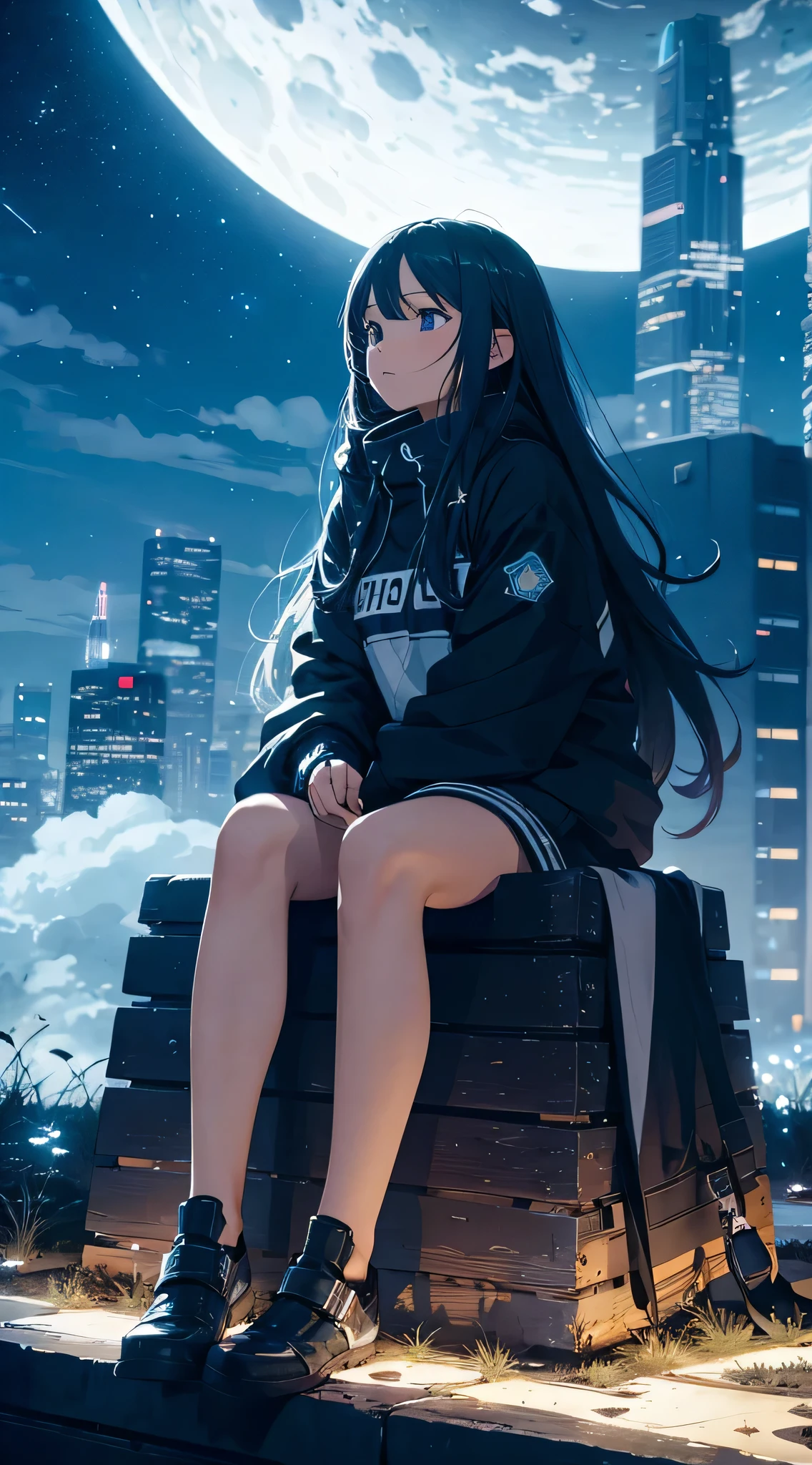 octans, sky, star (sky), scenery, starry sky, night, 1girl, night sky, solo, outdoors, building, cloud, milky way, sitting, tree, long hair, city, cityscape, best quality, 8K