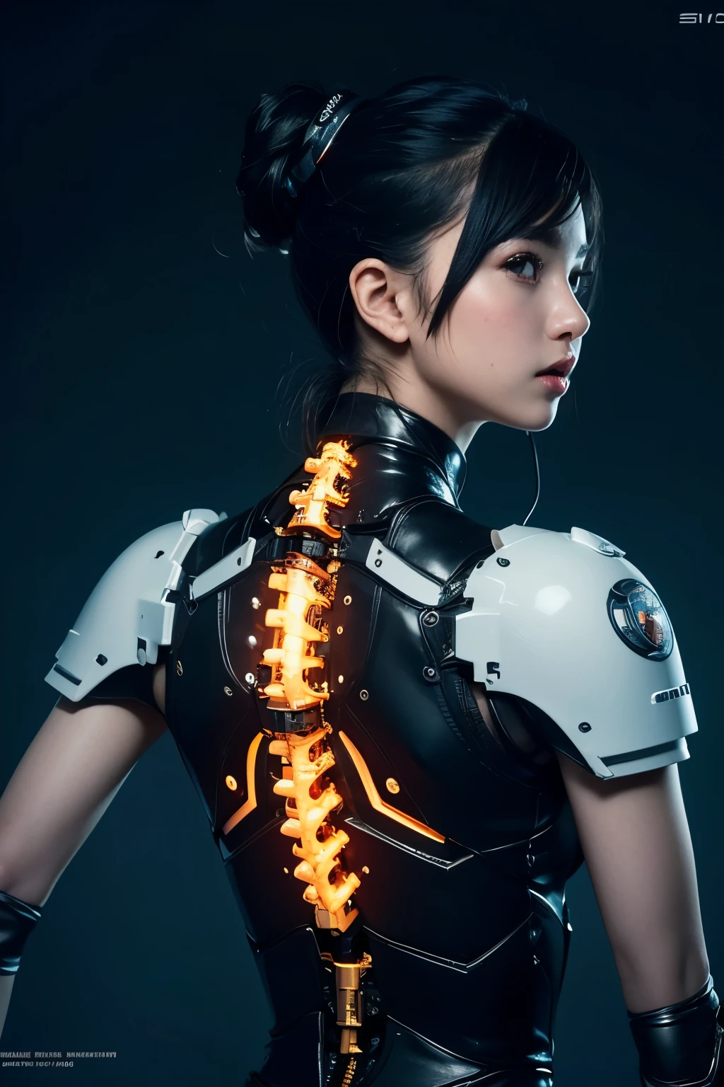 top quality, masterpiece, Ultra-high resolution, (Reality: 1.4), original photo, 1 cyberpunk girl, Black Hair, Smooth skin, 1.mechanical girl, Depth of field focus f/2.8, (Ultra-realistic details)), contrast, shadow, Octane Rendering, 8k, Extremely sharp, Cleavage exposed, Rawhide, Metal, Exquisite decorative details, Japan Details, Very intricate details, realistic light, CGSoation trends, face camera, Neon details, Mechanical limbs, blood vessels connected to tubes, A mechanical vertebrae attached to the back, Mechanical neck fixation device, Wires and cables to the head, Gundam, Small LED lights.