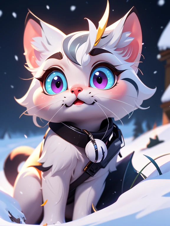 a cute little cat+Snow-white furry,Big bright eyes,A sweet smile,Movie Lighting, ultra clear details, Ultra-transparent material, Close-up of, complex texture, rendering by octane, zbrush, 8K,