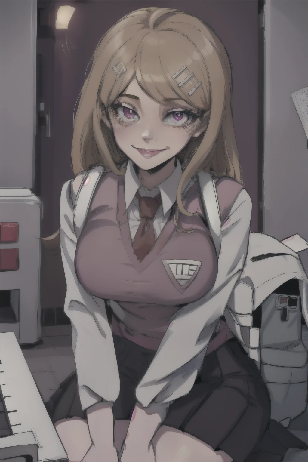 masterpiece, Best quality, KaedeDG, 1 girl, tie, sweater vest, breast, I look at the viewer, shirt, long sleeves, One, backpack, Shining eighth notes, white shirt, collared shirt, medium breast, , smile, One, Close-up,